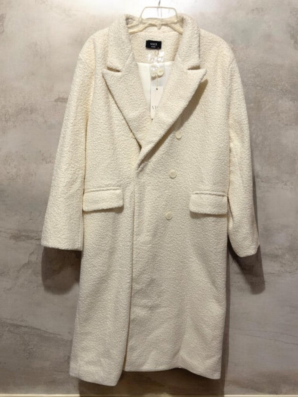 NWT VICI Collection Cream Double Breasted Teddy Bouclé Longline Trench Coat L
